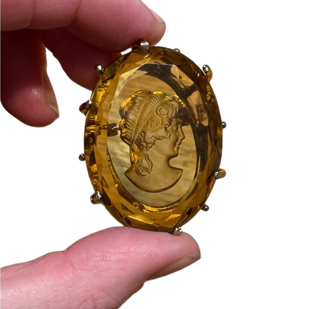 Estate Large Profile Amber Glass Cameo Reversed Intaglio Brooch